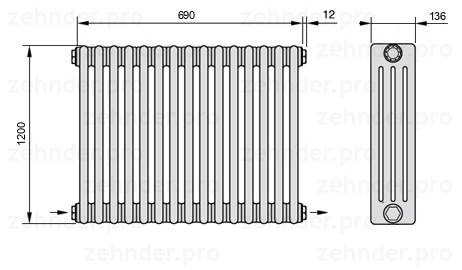 Схема (чертеж) Радиатор Zehnder Charleston 4120/15 №2670 Белый глянцевый RAL 9016